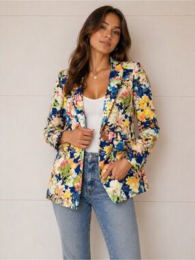 Floral Navy Multicolor Tailored Blazer - Women